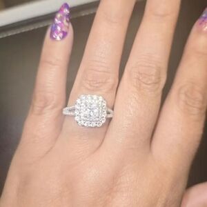 Sterling Silver 4 prong Square Princess Cut Halo diamond Ring sz 10